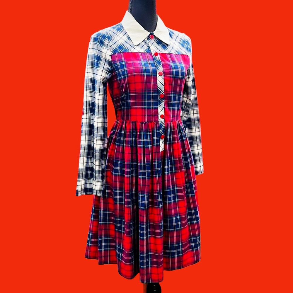 Bonnie Jean Red and Blue Plaid Button-Front Dress with White Collar